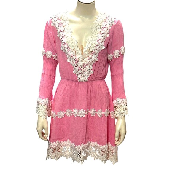 Classy City Chicks Dresses & Skirts - CCC Daisy Lace Trim Long Sleeve Pink Boho Dress Floral Cotton Embroidery Size LG
